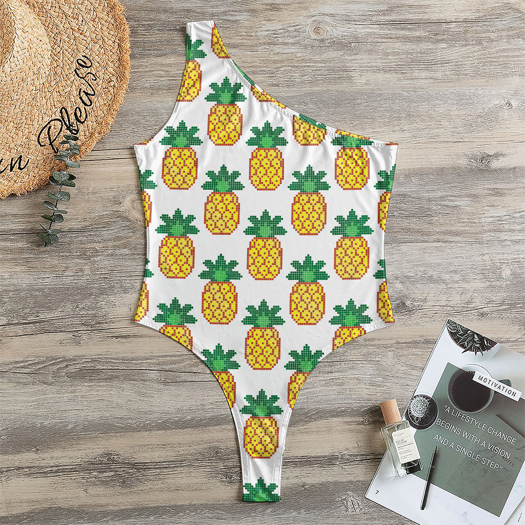 Pixel Pineapple Pattern Print One Shoulder Bodysuit