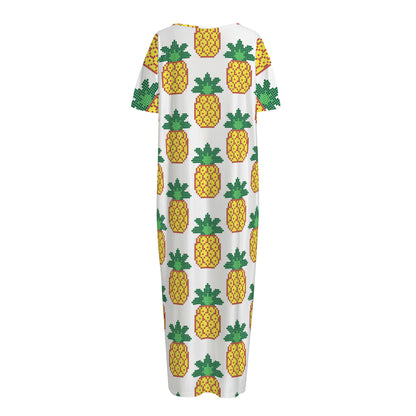 Pixel Pineapple Pattern Print Short Sleeve Long Nightdress