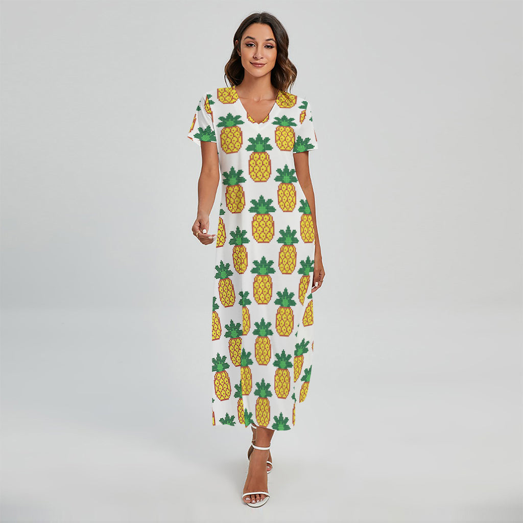 Pixel Pineapple Pattern Print Short Sleeve Maxi Dress