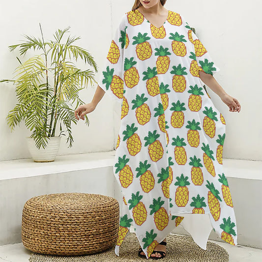 Pixel Pineapple Pattern Print Silk V-Neck Kaftan Dress