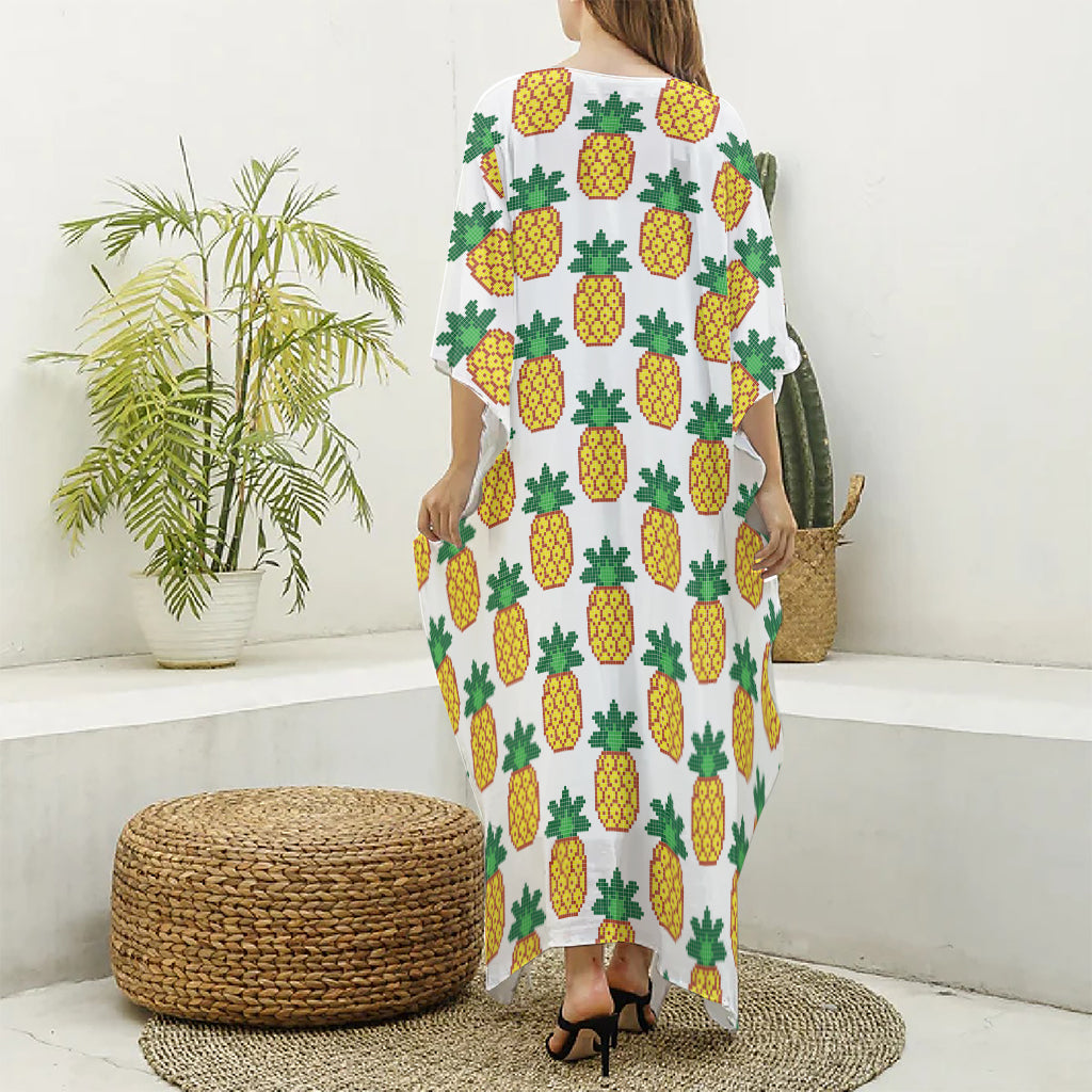Pixel Pineapple Pattern Print Silk V-Neck Kaftan Dress