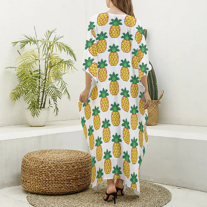 Pixel Pineapple Pattern Print Silk V-Neck Kaftan Dress