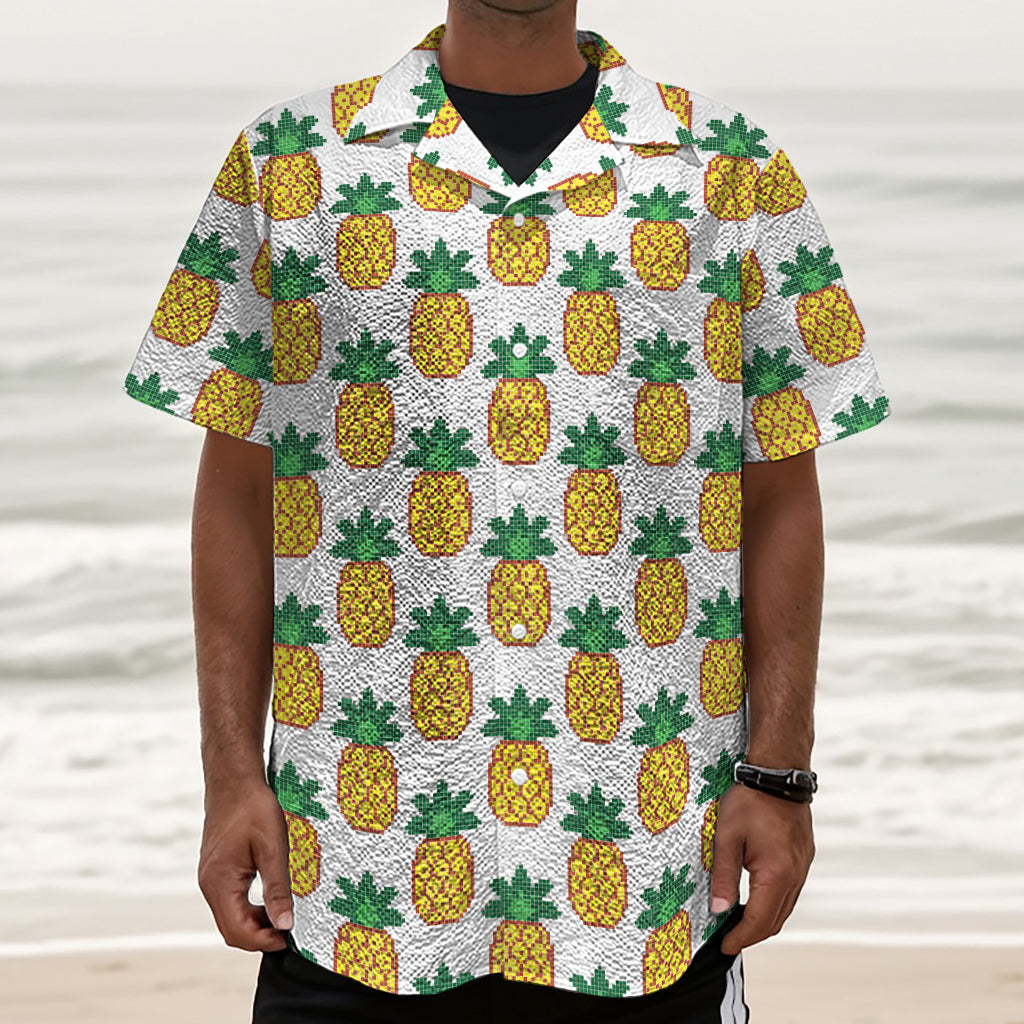 Pixel Pineapple Pattern Print Textured Short Sleeve Shirt