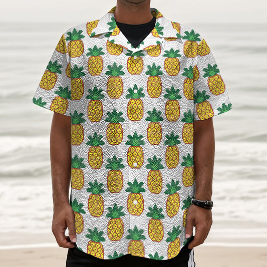 Pixel Pineapple Pattern Print Textured Short Sleeve Shirt