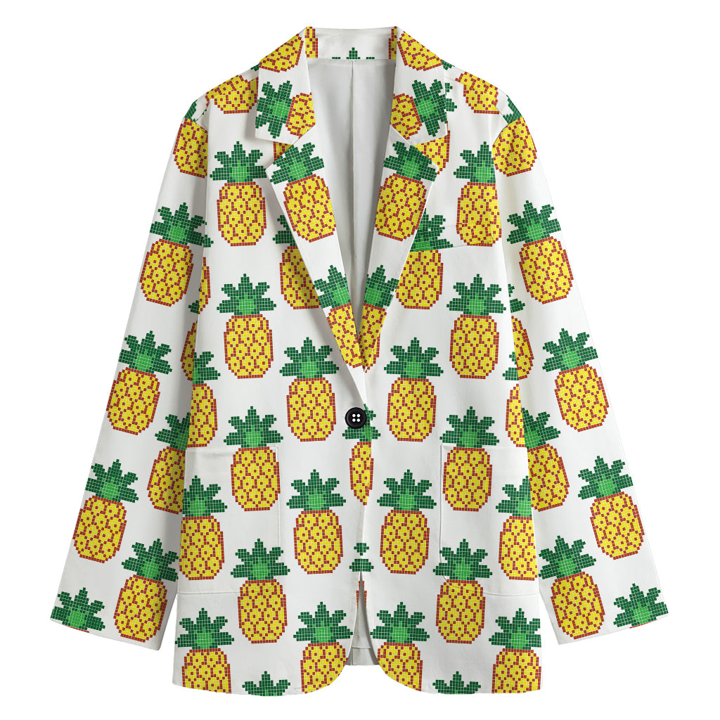 Pixel Pineapple Pattern Print Women's Cotton Blazer