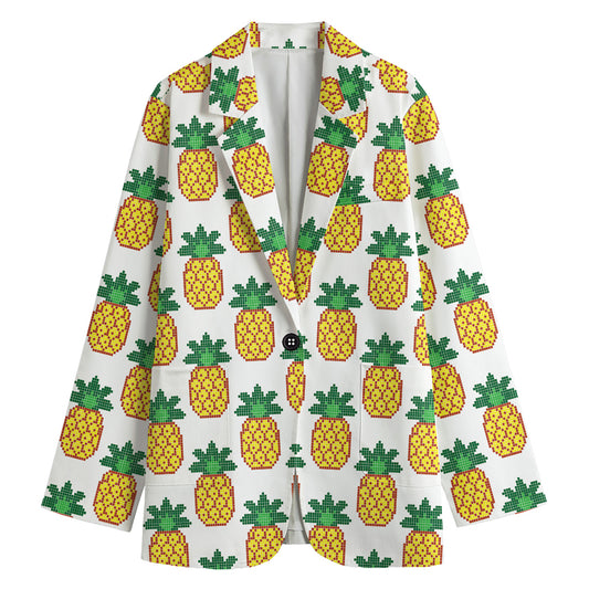 Pixel Pineapple Pattern Print Women's Cotton Blazer