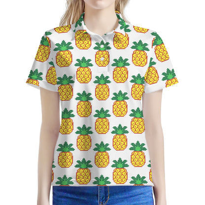 Pixel Pineapple Pattern Print Women's Polo Shirt