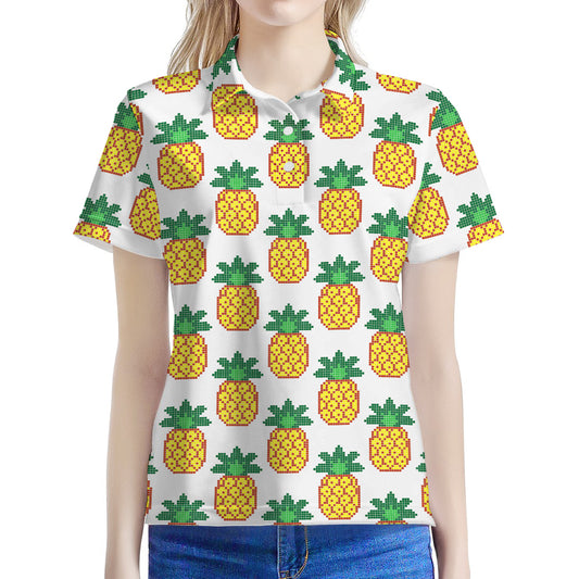 Pixel Pineapple Pattern Print Women's Polo Shirt