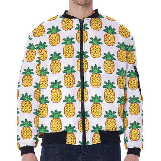 Pixel Pineapple Pattern Print Zip Sleeve Bomber Jacket