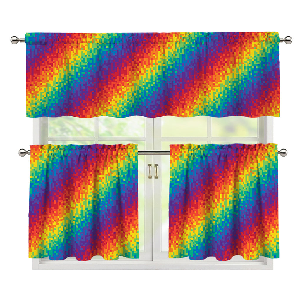 Pixel Rainbow Pattern Print 3 Piece Kitchen Curtains
