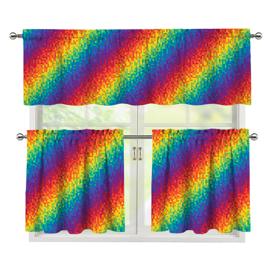 Pixel Rainbow Pattern Print 3 Piece Kitchen Curtains