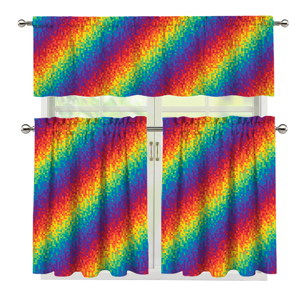 Pixel Rainbow Pattern Print 3 Piece Kitchen Curtains