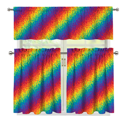 Pixel Rainbow Pattern Print 3 Piece Kitchen Curtains