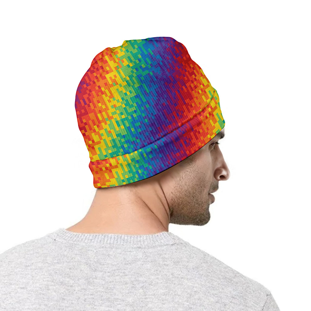 Pixel Rainbow Pattern Print Beanie