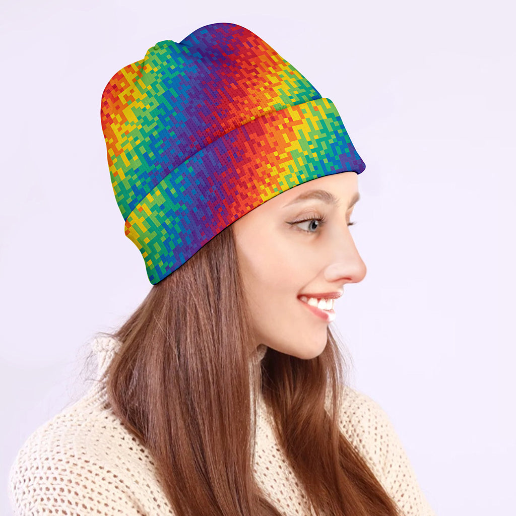 Pixel Rainbow Pattern Print Beanie