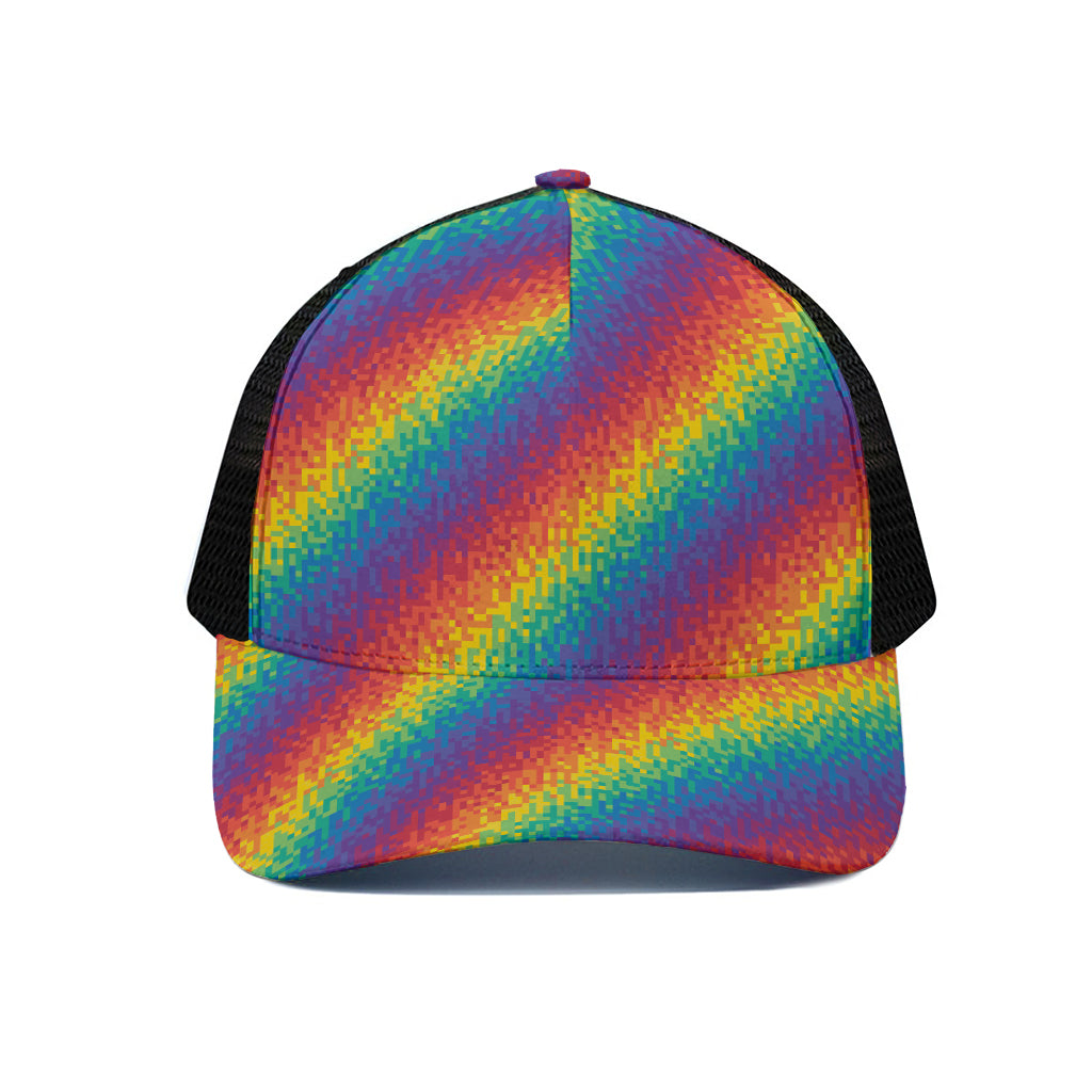 Pixel Rainbow Pattern Print Black Mesh Trucker Cap