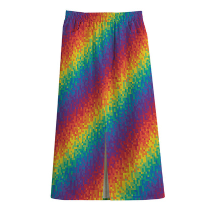 Pixel Rainbow Pattern Print Cotton Front Slit Maxi Skirt