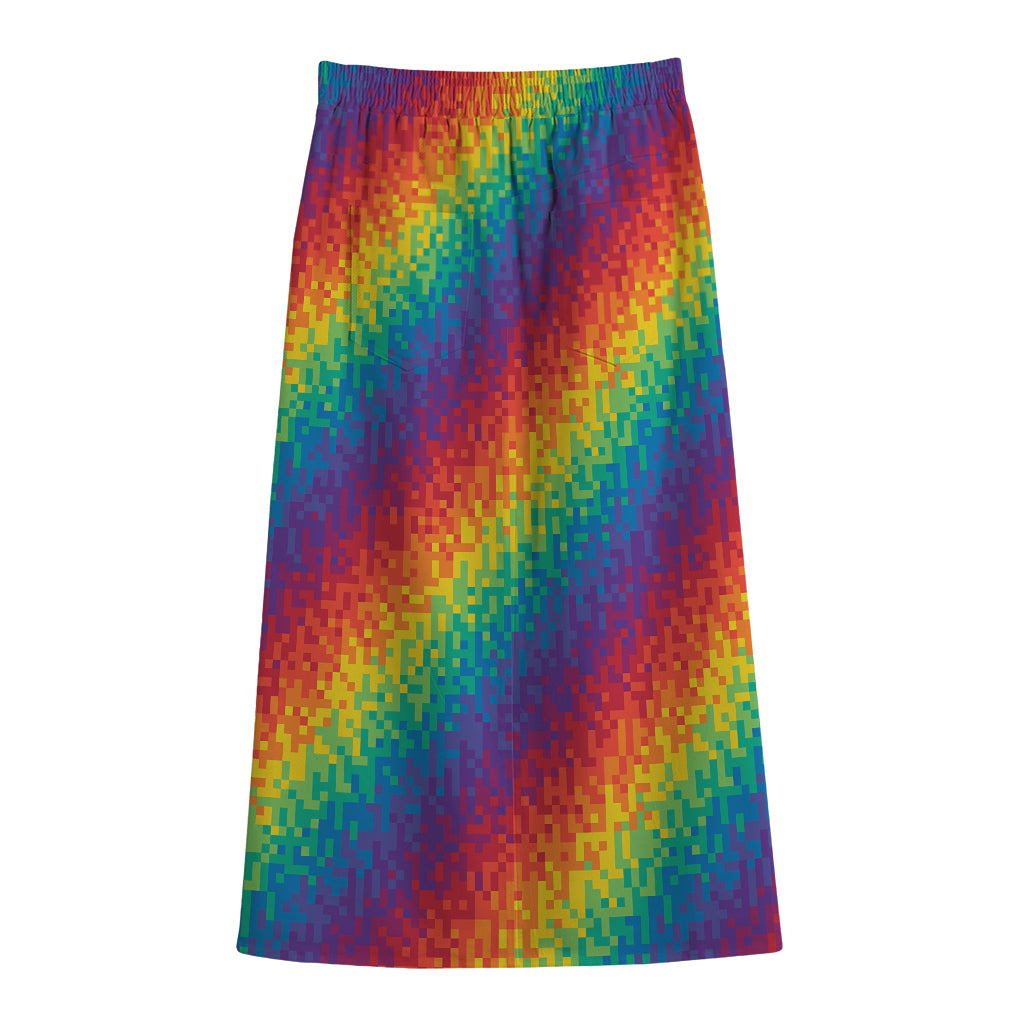 Pixel Rainbow Pattern Print Cotton Front Slit Maxi Skirt