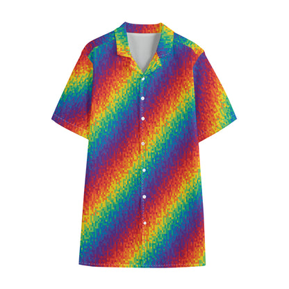Pixel Rainbow Pattern Print Cotton Hawaiian Shirt