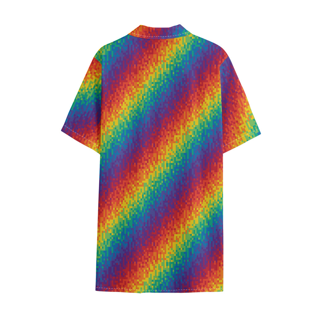 Pixel Rainbow Pattern Print Cotton Hawaiian Shirt