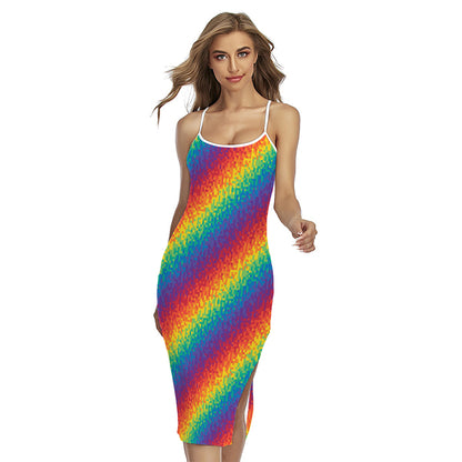 Pixel Rainbow Pattern Print Cross Back Cami Dress
