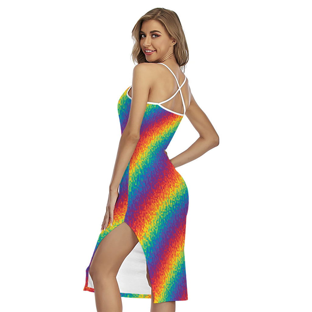 Pixel Rainbow Pattern Print Cross Back Cami Dress