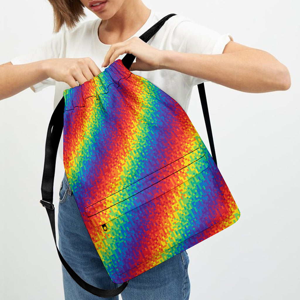 Pixel Rainbow Pattern Print Drawstring Backpack