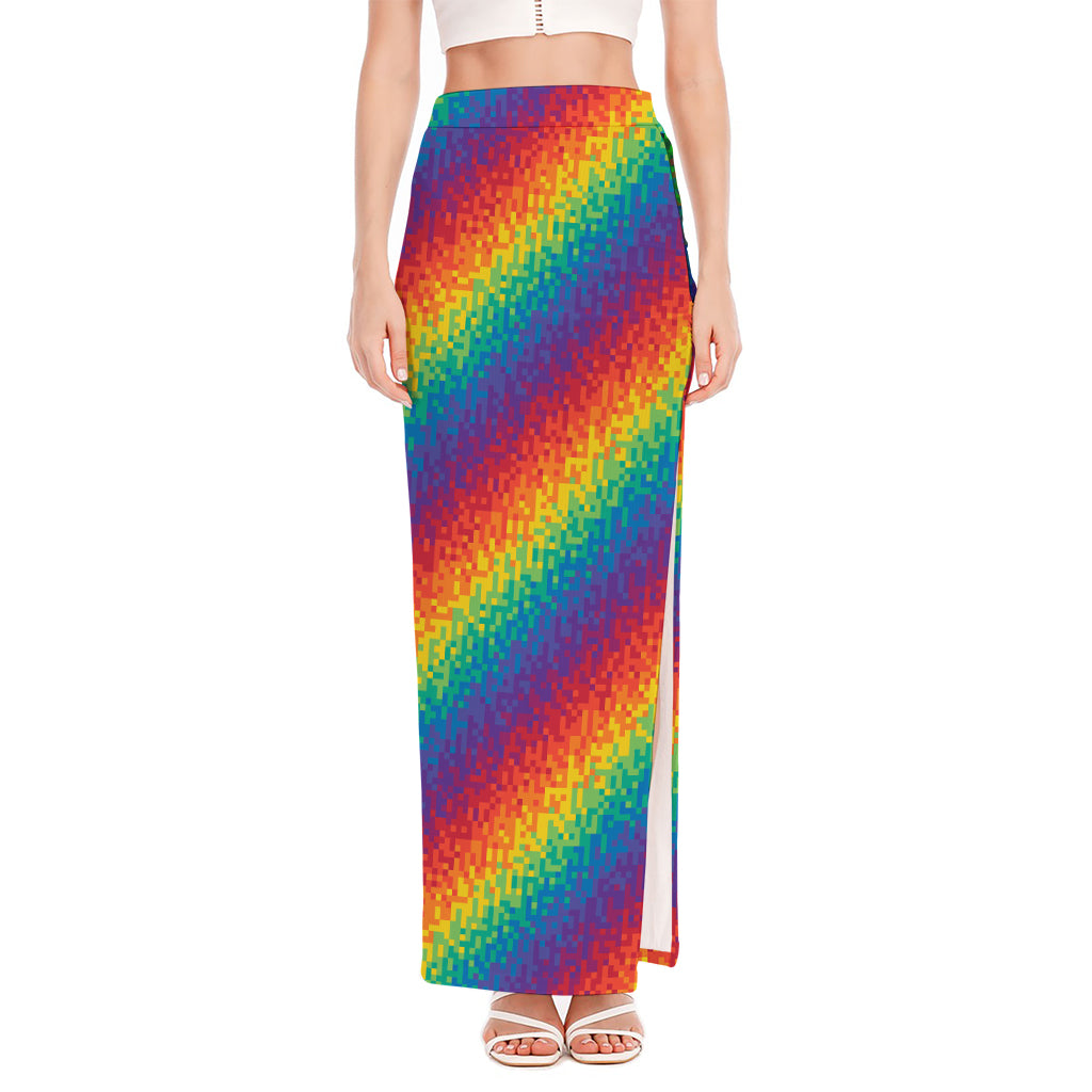 Pixel Rainbow Pattern Print High Slit Maxi Skirt