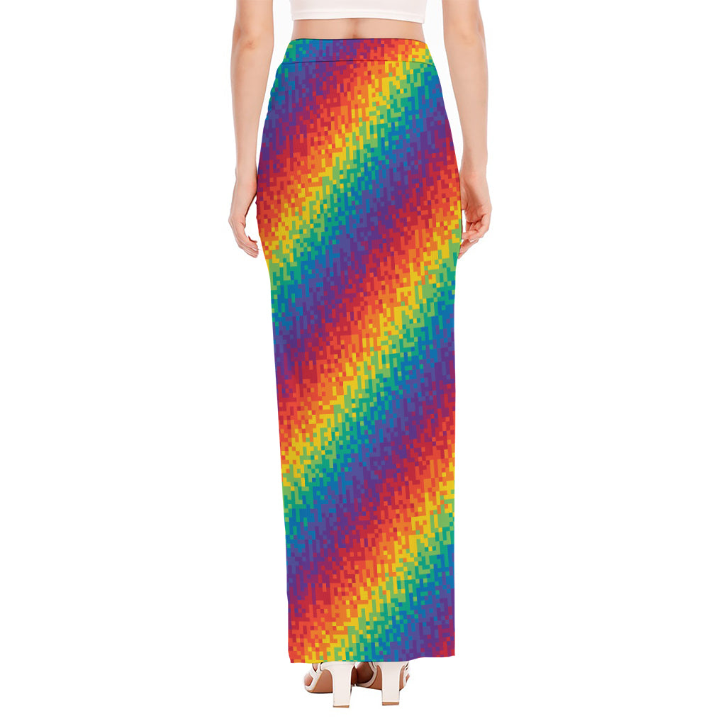 Pixel Rainbow Pattern Print High Slit Maxi Skirt
