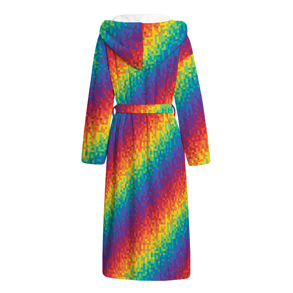 Pixel Rainbow Pattern Print Hooded Bathrobe
