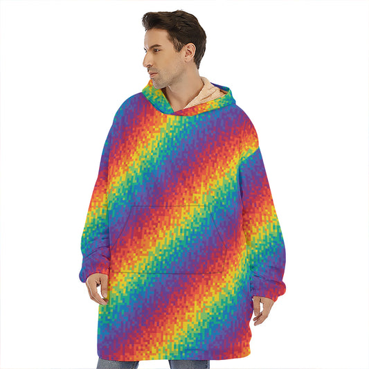 Pixel Rainbow Pattern Print Hoodie Blanket