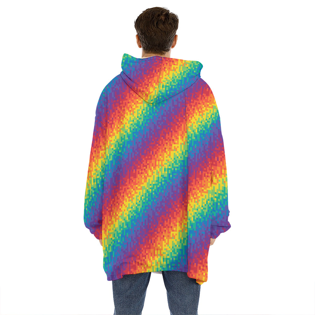 Pixel Rainbow Pattern Print Hoodie Blanket