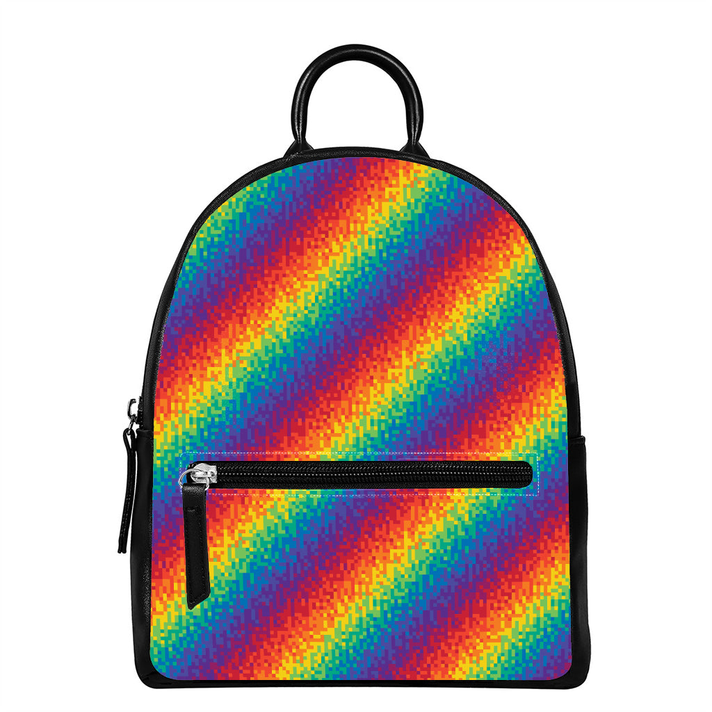 Pixel Rainbow Pattern Print Leather Backpack