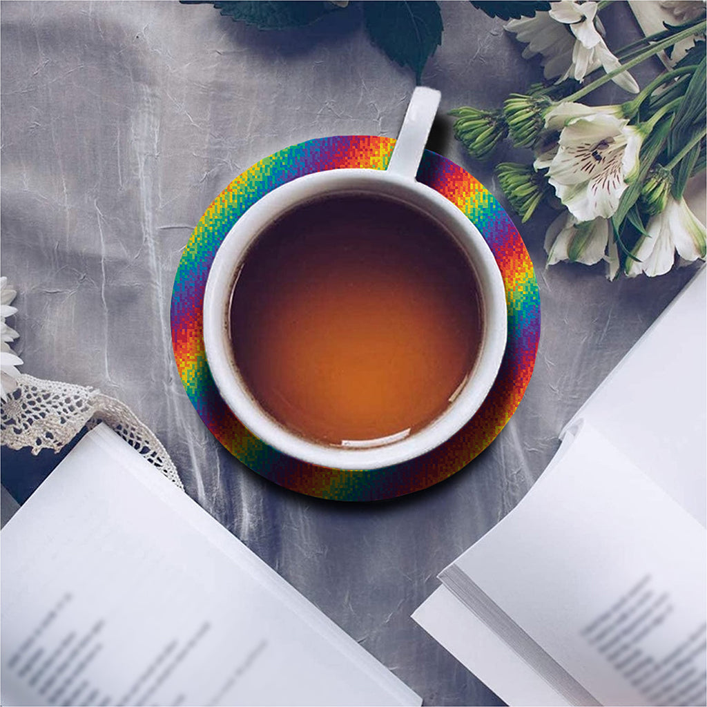Pixel Rainbow Pattern Print Leather Coaster Set