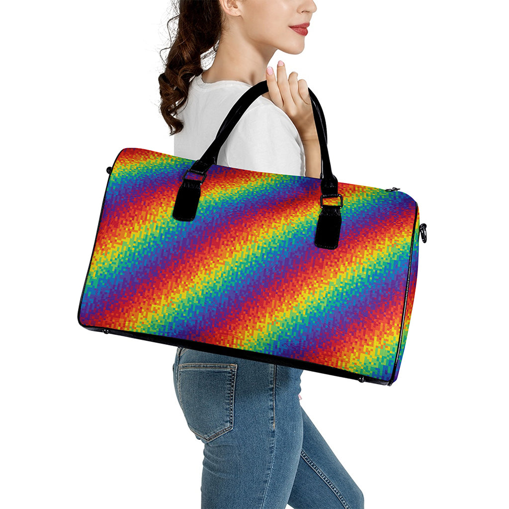 Pixel Rainbow Pattern Print Leather Duffle Bag