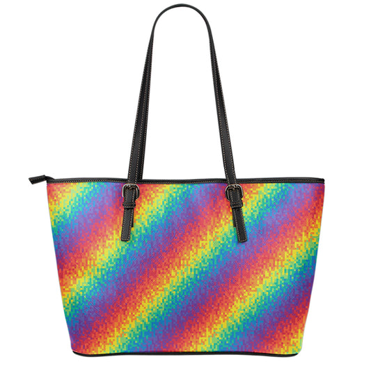 Pixel Rainbow Pattern Print Leather Tote Bag