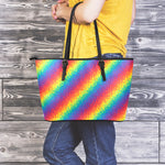 Pixel Rainbow Pattern Print Leather Tote Bag