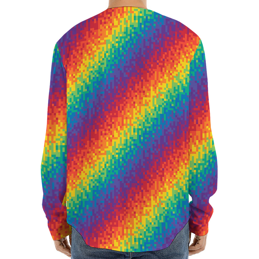 Pixel Rainbow Pattern Print Long Sleeve Baseball Jersey