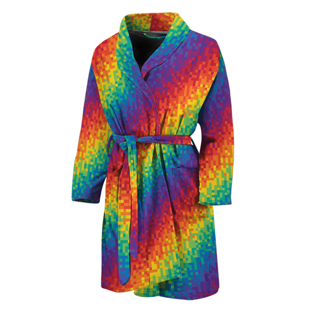 Pixel Rainbow Pattern Print Men's Bathrobe