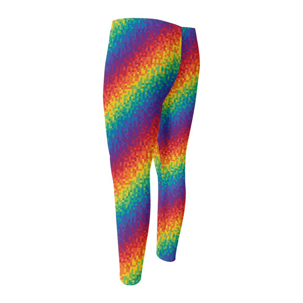 Pixel Rainbow Pattern Print Men's Compression Pants