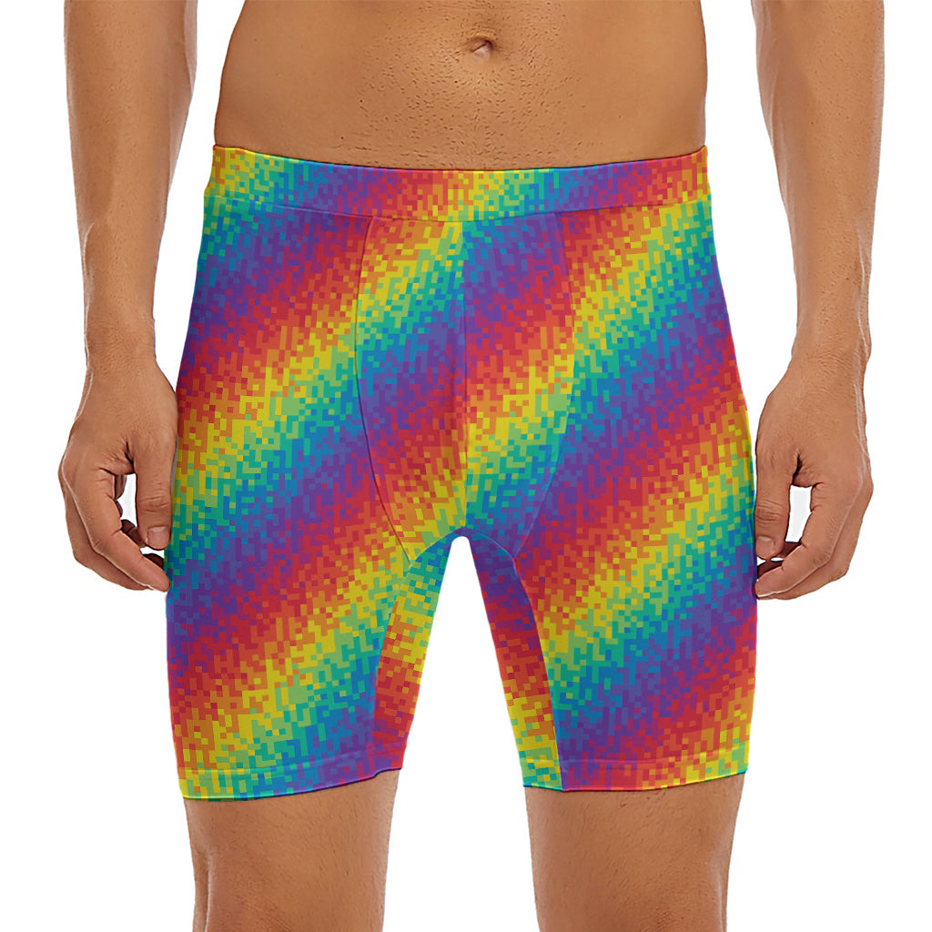 Pixel Rainbow Pattern Print Men's Long Boxer Briefs