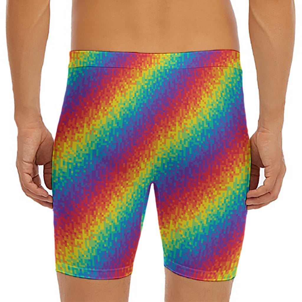 Pixel Rainbow Pattern Print Men's Long Boxer Briefs