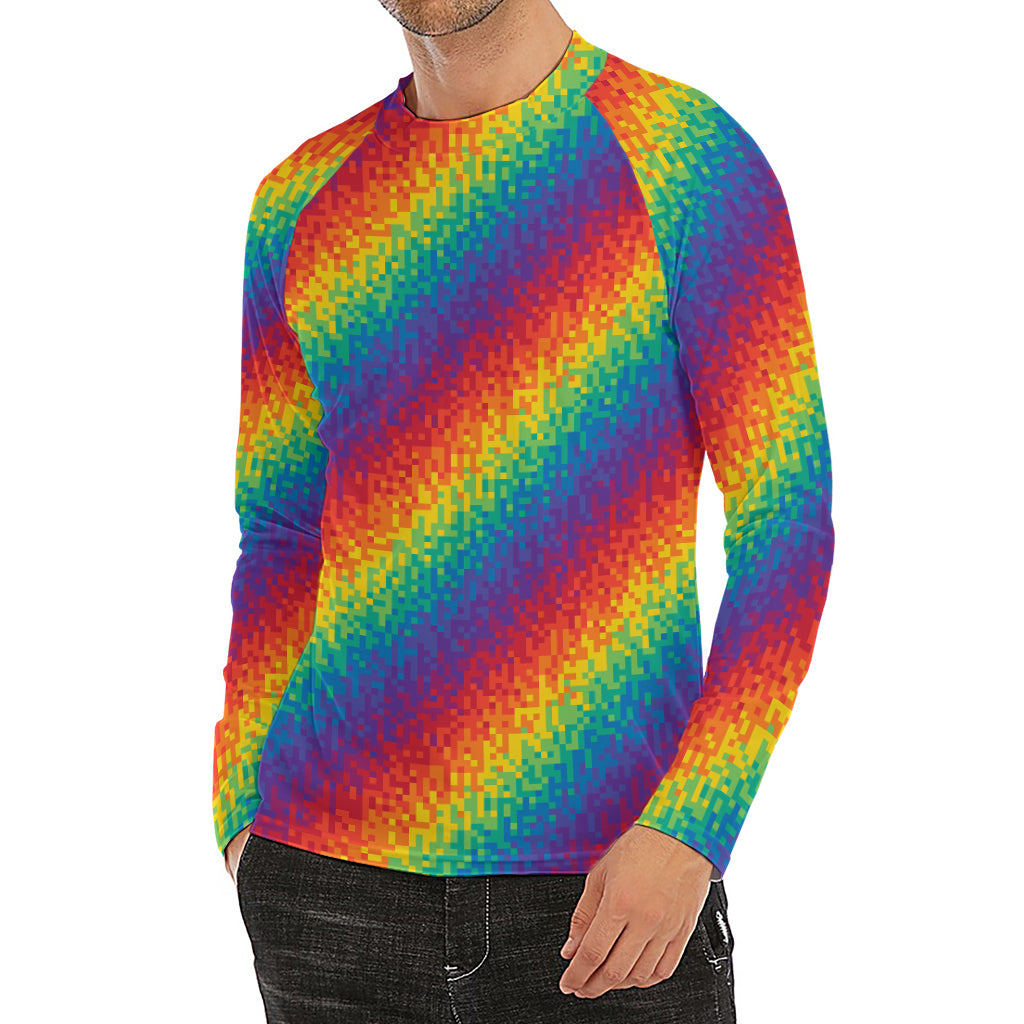 Pixel Rainbow Pattern Print Men's Long Sleeve Rash Guard