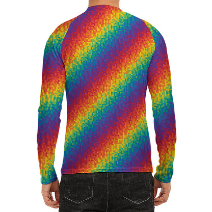 Pixel Rainbow Pattern Print Men's Long Sleeve Rash Guard