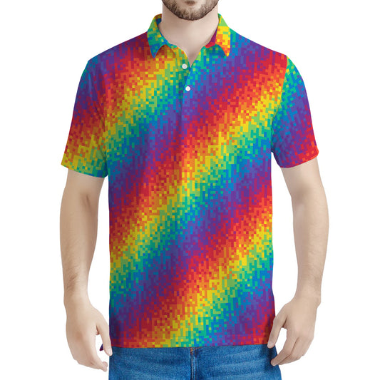 Pixel Rainbow Pattern Print Men's Polo Shirt