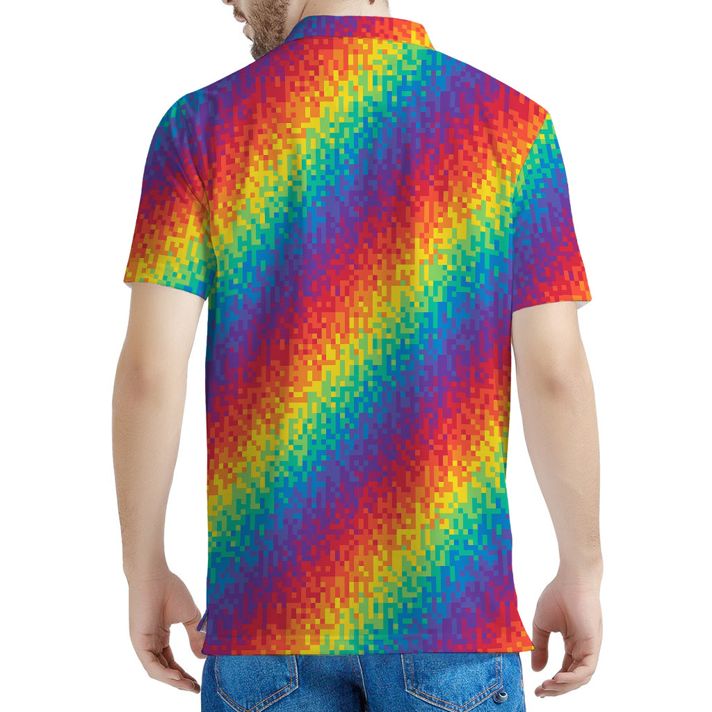 Pixel Rainbow Pattern Print Men's Polo Shirt