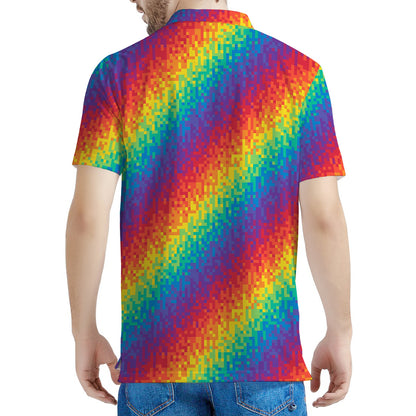 Pixel Rainbow Pattern Print Men's Polo Shirt