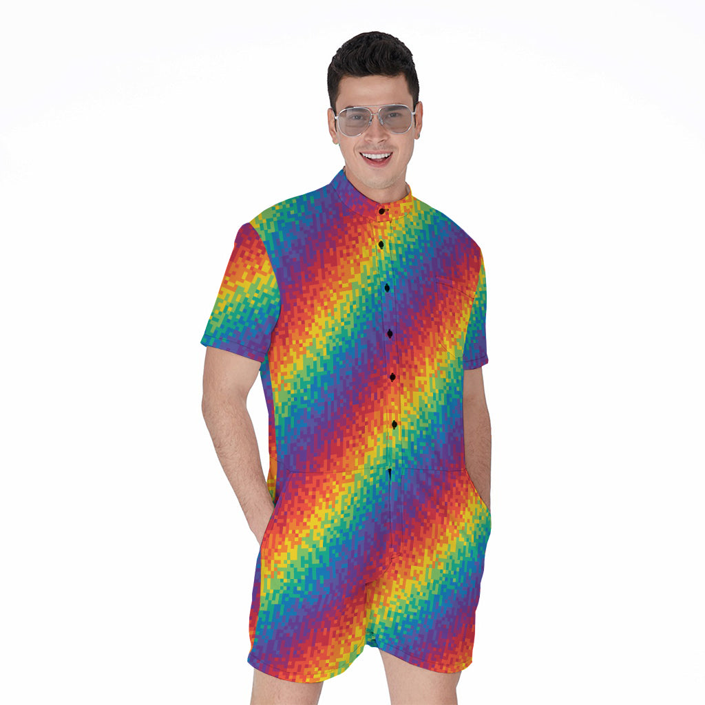 Pixel Rainbow Pattern Print Men's Rompers
