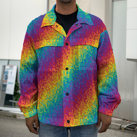 Pixel Rainbow Pattern Print Men's Shirt Jacket