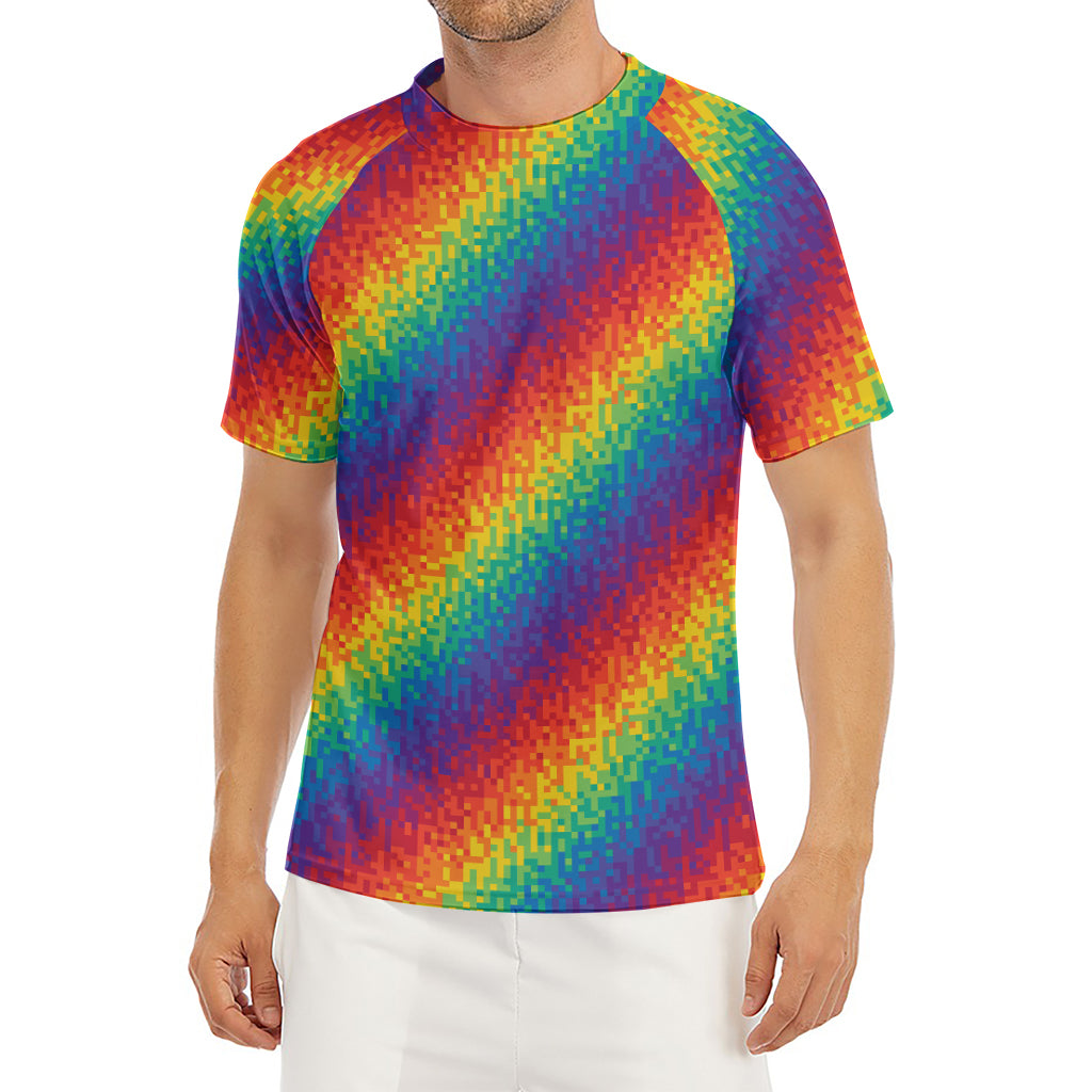 Pixel Rainbow Pattern Print Men's Short Sleeve Rash Guard